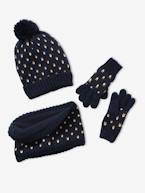 Conjunto gorro + gola snood + luvas com corações, para menina AZUL ESCURO ESTAMPADO+ROSA CLARO LISO COM MOTIVO 