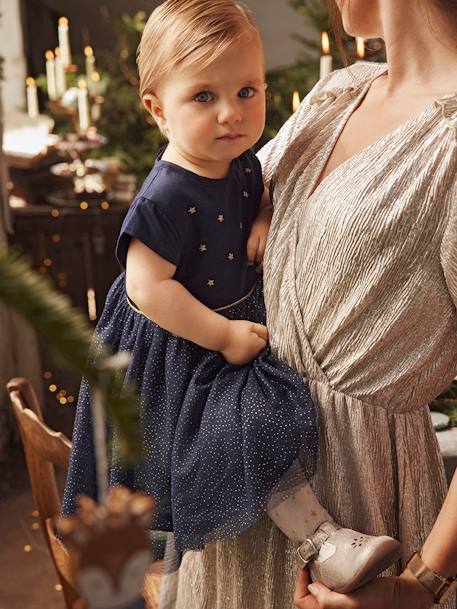 Vestido de cerimónia em cetim e tule irisado, para bebé azul-noite 