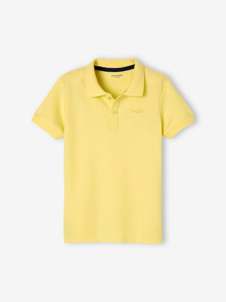 Polo de mangas curtas com bordado no peito, para menino amarelo-pastel+AZUL CLARO LISO COM MOTIVO+AZUL MEDIO LISO COM MOTIVO+azul-elétrico+BRANCO CLARO LISO COM MOTIVO+CINZENTO MEDIO MESCLADO+VERDE MEDIO LISO COM MOTIVO+VERMELHO MEDIO LISO COM MOTIVO 