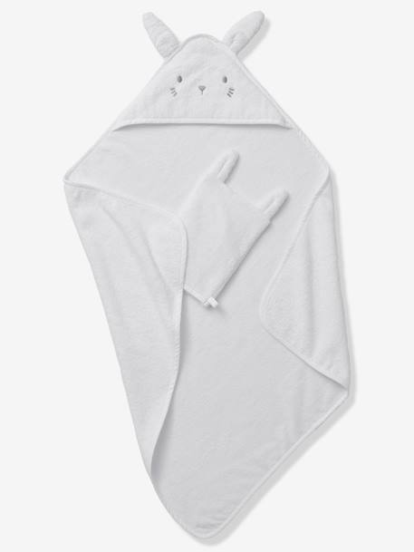 Capa de banho + luva, em algodão bio Branco claro liso+CASTANHO MEDIO LISO+VERDE CLARO LISO 