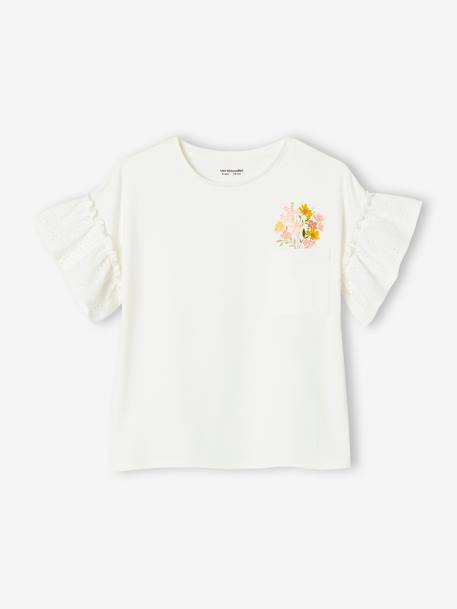 T-shirt com folho nas mangas em bordado inglês, para menina cru+pêssego 