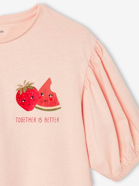 T-shirt com mangas balão, fruto no peito, para menina cru+rosa-pálido 