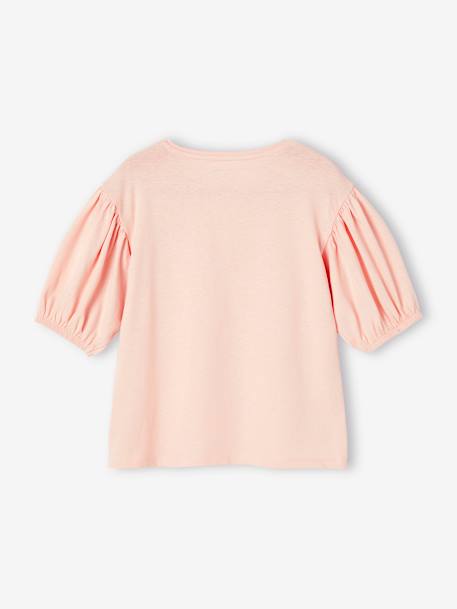 T-shirt com mangas balão, fruto no peito, para menina cru+rosa-pálido 