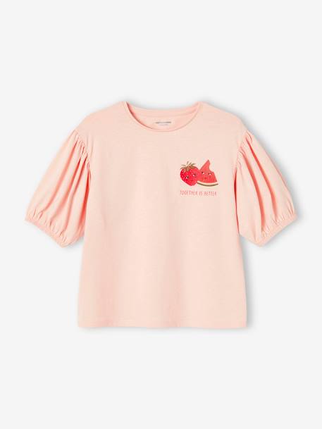 T-shirt com mangas balão, fruto no peito, para menina cru+rosa-pálido 