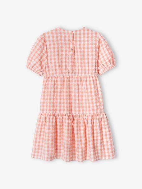 Vestido com folho, mangas 3/4, para menina coral+cru 