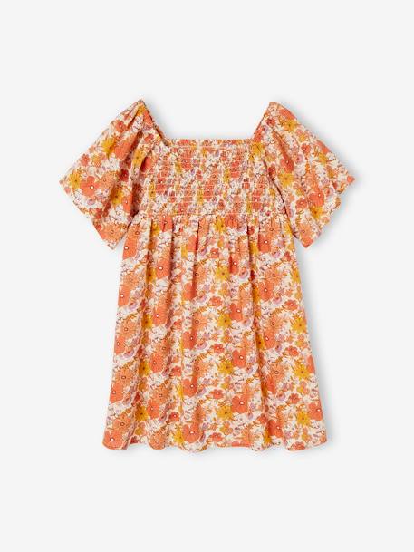 Vestido aos favos, estampado às flores, para menina rosa-nude 