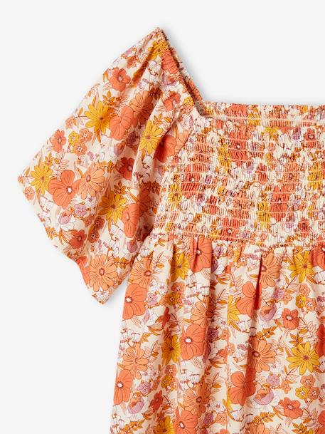 Vestido aos favos, estampado às flores, para menina rosa-nude 