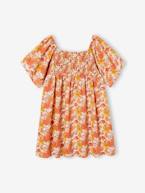 Vestido aos favos, estampado às flores, para menina rosa-nude 