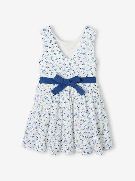 Vestido de cerimónia com flores e ponto cheio, cinto para atar atrás, para menina cru 