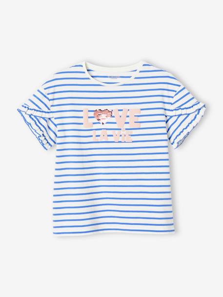 T-shirt às riscas, coração com lantejoulas, para menina azul-céu+BRANCO MEDIO AS RISCAS+marinho+riscas azuis 