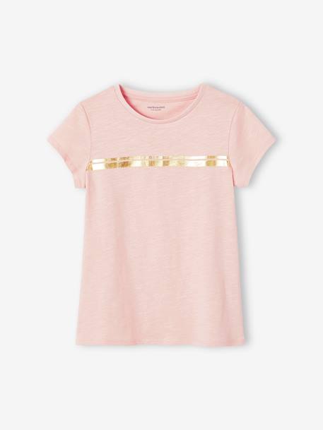 T-shirt de desporto com riscas irisadas, para menina BRANCO CLARO LISO COM MOTIVO+cinza mesclado+rosado 