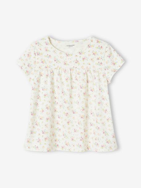 T-shirt modelo blusa às flores, para menina azul-céu+cru 