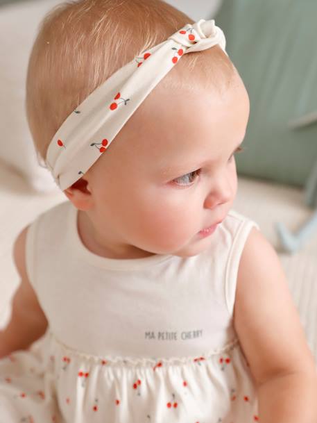 Vestido e fita do cabelo a condizer, para bebé cru+rosado+VERDE CLARO ESTAMPADO 