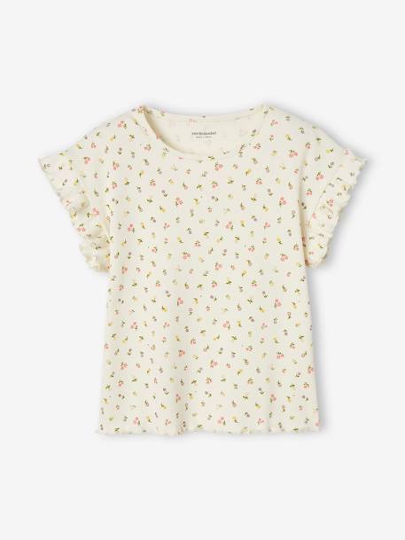 T-shirt em canelado, estampada às flores, para menina azul-tinta+cru 