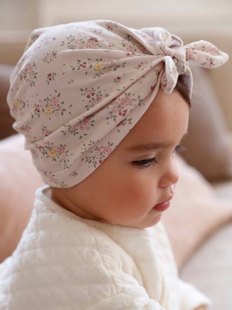 Gorro estilo turbante, em malha estampada, para bebé menina bege-rosado 