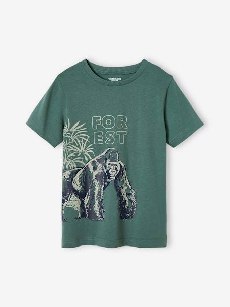 T-shirt animal, em puro algodão bio, para menino verde-salva 