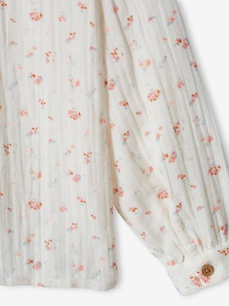 Blusa com folhos, personalizável, em gaze de algodão, estampada às flores, para menina cru+rosa-pálido+tomate+verde-água 