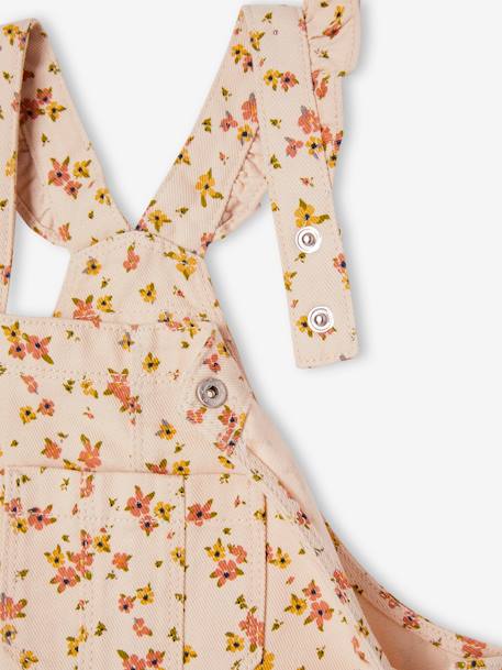 Vestido estilo jardineiras às flores, folhos nas alças cinzento-pérola 