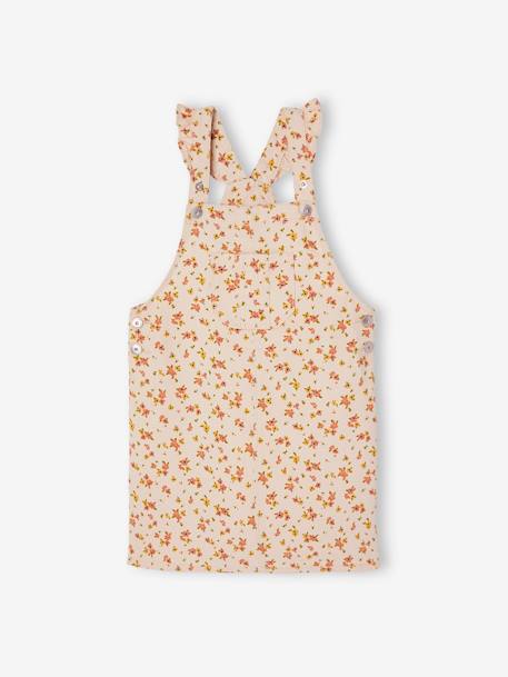 Vestido estilo jardineiras às flores, folhos nas alças cinzento-pérola 