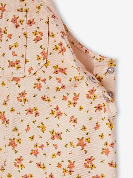 Vestido estilo jardineiras às flores, folhos nas alças cinzento-pérola 