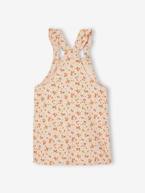 Vestido estilo jardineiras às flores, folhos nas alças cinzento-pérola 