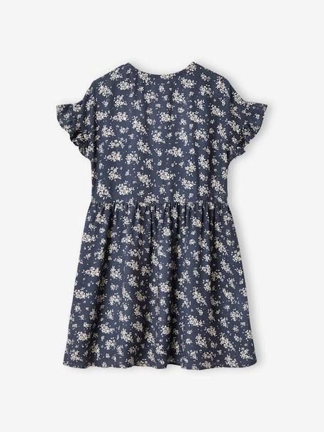 Vestido às flores com botões, para menina azul+azul-azure+cru+marinho 