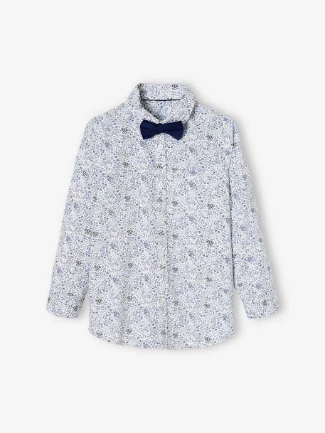 Camisa às flores e laço papillon, para menino azul estampado+verde estampado 