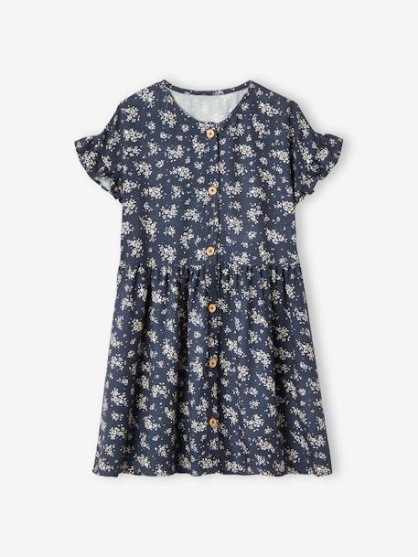 Vestido às flores com botões, para menina azul+azul-azure+cru+marinho 