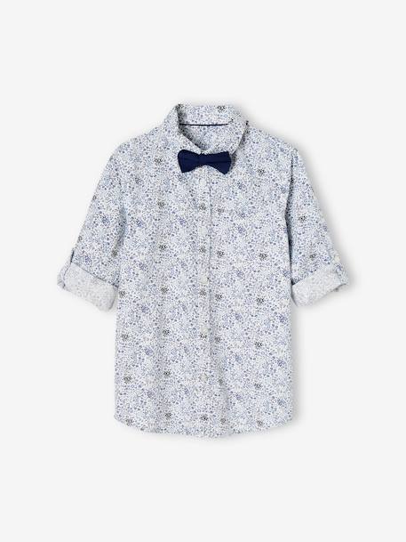 Camisa às flores e laço papillon, para menino azul estampado+verde estampado 