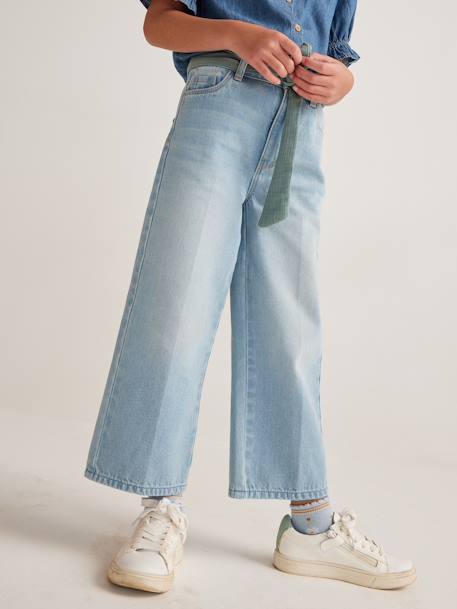 Jeans largos e cinto em gaze de algodão, comprimento pelos tornozelos, para menina double stone+stone 