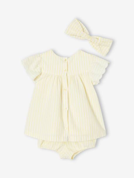 Conjunto de 3 peças: vestido + calções + fita de cabelo, para bebé amarelo-pastel 