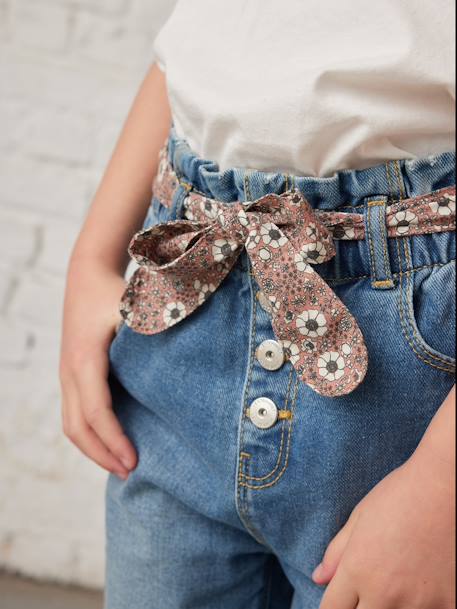Jeans estilo paperbag e cinto florido, para menina AZUL ESCURO DESBOTADO+AZUL ESCURO LISO+ganga cinzenta 