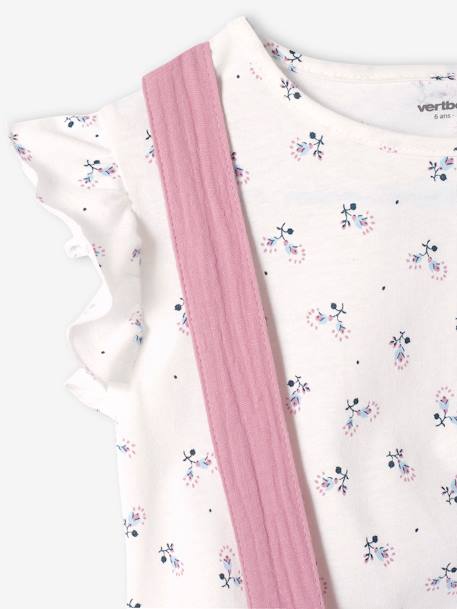 Conjunto t-shirt às riscas + saia em gaze de algodão, para menina coral+lilás+verde-salva 