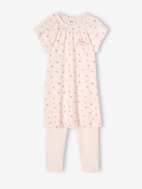 Camisa de dormir cerejas, em malha canelada + leggings lisas, para menina rosa-nude 