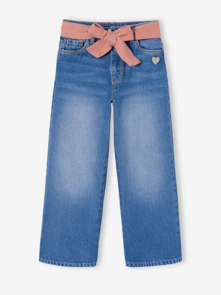 Jeans largos e cinto em gaze de algodão, comprimento pelos tornozelos, para menina stone 