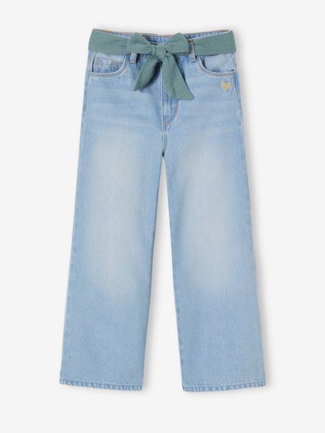 Jeans largos e cinto em gaze de algodão, comprimento pelos tornozelos, para menina double stone+stone 