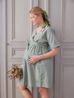 Vestido curto, cruzado, especial gravidez e amamentação verde-salva 