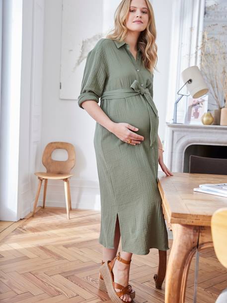 Vestido comprido estilo camisa, em gaze de algodão, especial gravidez e amamentação azeitona+bege+marinho 