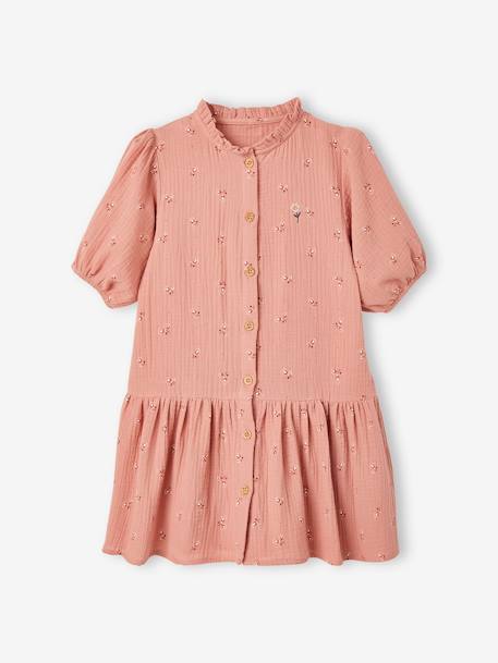 Vestido com botões, mangas 3/4, em gaze de algodão, para menina rosa-blush 