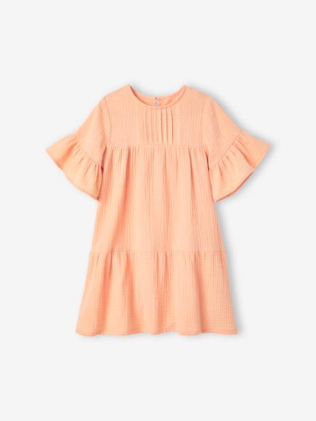 Vestido em gaze de algodão, para menina alperce-rosado+azul-céu 