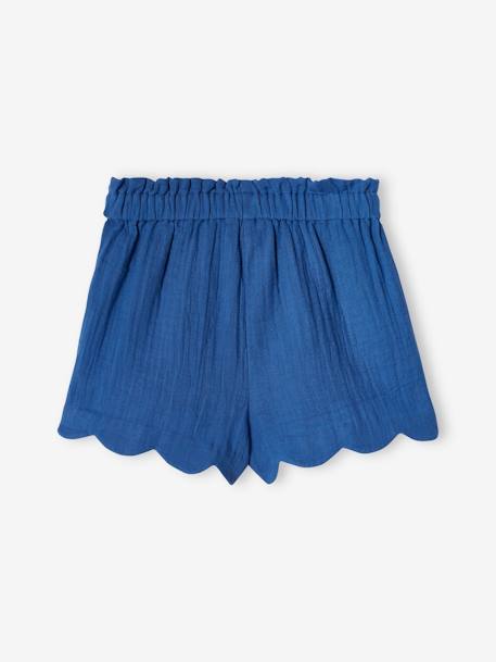 Calções com acabamentos ondulados, em gaze de algodão, para menina azul+azul estampado+rosa-nude 