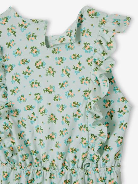 Vestido estampado com folhos, para menina azul-céu+rosa+VERDE ESCURO ESTAMPADO 