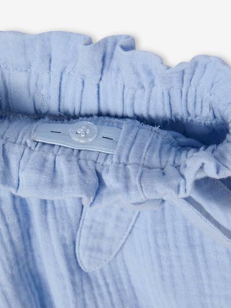 Calções estilo 'paperbag', em gaze de algodão, para menina azul-pálido+baunilha+coral 