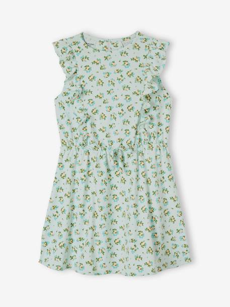 Vestido estampado com folhos, para menina azul-céu+rosa+VERDE ESCURO ESTAMPADO 