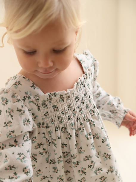 Vestido aos favos e às flores, para bebé branco 