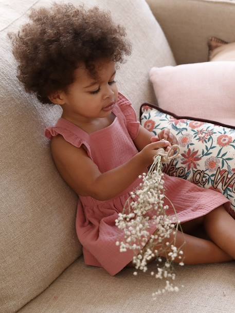 Vestido tipo jardineiras, em gaze de algodão, para bebé caramelo+lilás+ROSA MEDIO LISO+VERDE MEDIO LISO 