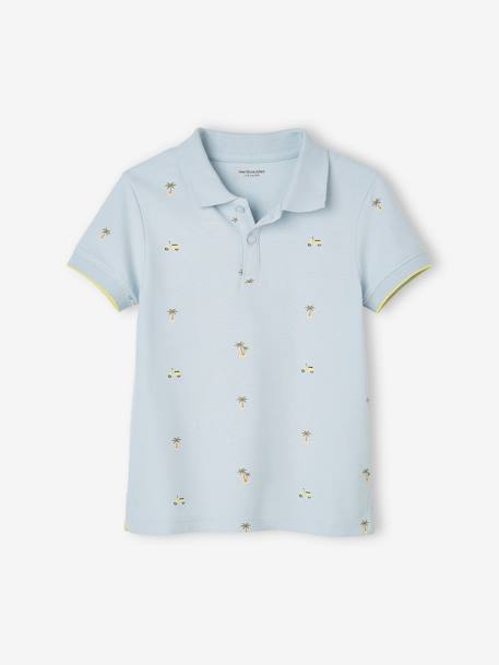 Polo estampado, em malha piqué, para menino azul estampado+cru 