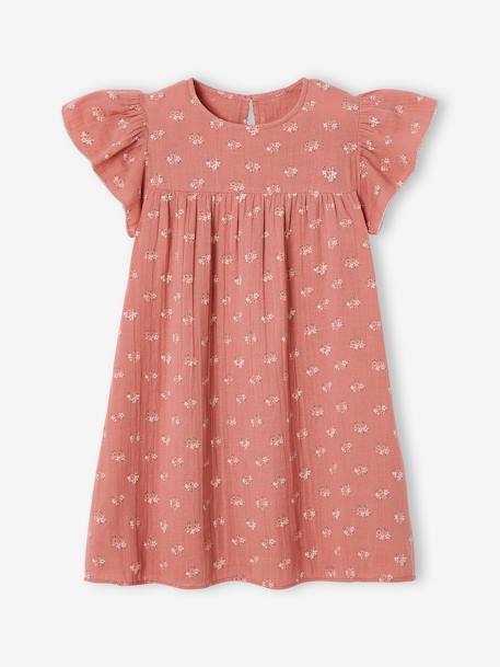 Vestido estampado com mangas borboleta, em gaze de algodão, para menina tomate+verde-água 