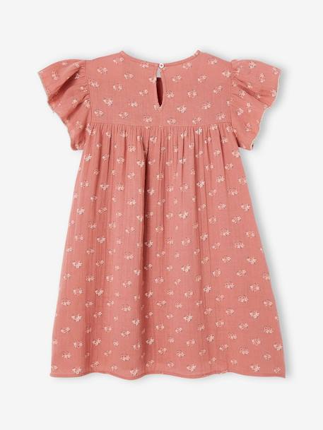 Vestido estampado com mangas borboleta, em gaze de algodão, para menina tomate+verde-água 