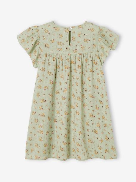 Vestido estampado com mangas borboleta, em gaze de algodão, para menina tomate+verde-água 